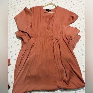 Aakaa Terracotta V-Neck Long Satin Maxi Dress with Side Slit and Sash tie Small